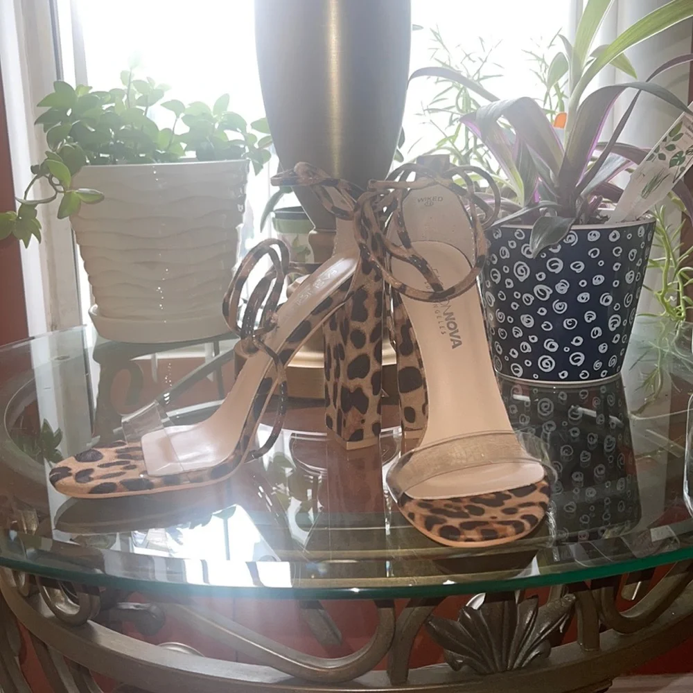 Leopard Print Ankle Wrap Dress Sandals - Picture 1 of 3